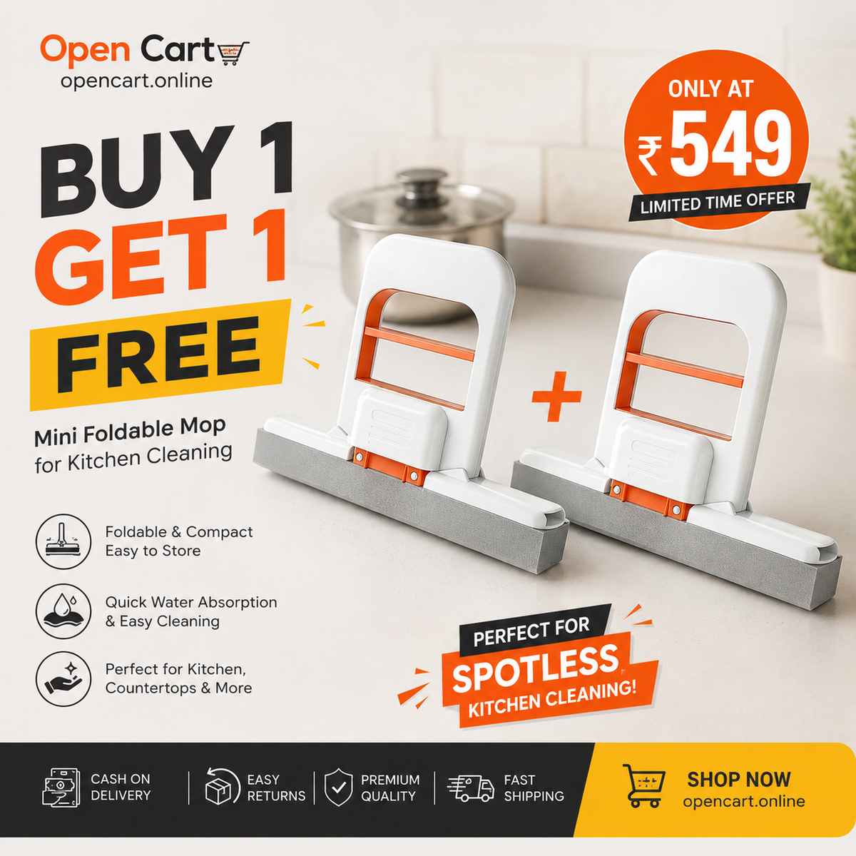 Magic Mini Foldable Mop – Easy Kitchen Cleaning | Buy 1 Get 1 Free
